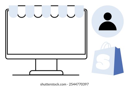 Tela de computador com um toldo de loja, um ícone de usuário e uma sacola de compras com um S. Ideal para e-commerce, compras digitais, negócios on-line, varejo na Internet e lojas na Web. Estilo de vetor simples