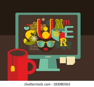 Computer screen with summer label in retro colors. Vector illustration of hipster workplace.