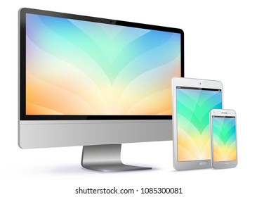 Computer Screen, Tablet PC and Mobile Phone With Colorful Abstract Screen Vector Illustration