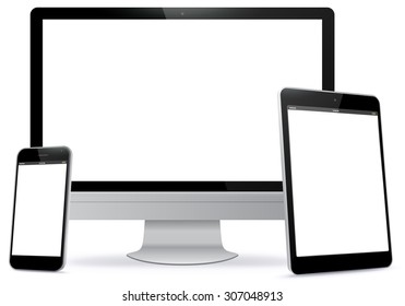 Computer Screen, Tablet PC and Mobile Phone Vector Illustration.