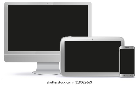 Computer Screen, Tablet PC, Mobile Phone Vector illustration.
