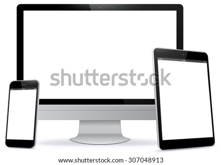 Computer Screen, Tablet PC and Mobile Phone Vector Illustration.