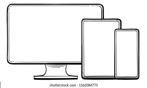 Computer Screen, Tablet PC, Smart Phone Hand Drawn Vector Icon Set