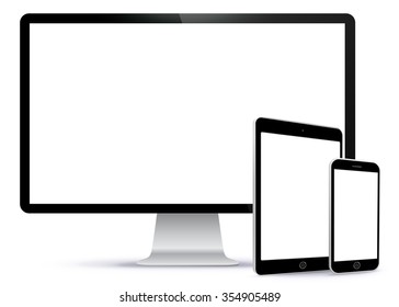 Computer Screen, Tablet PC, Smart Phone Vector illustration.
