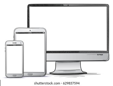 Pantalla del equipo, Tablet PC, ilustración del vector dibujado a mano del teléfono inteligente.