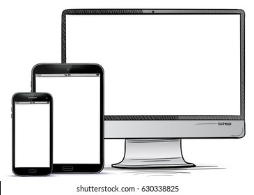 Computer Screen, Tablet PC, Smart Phone Hand Drawn Vector illustration.