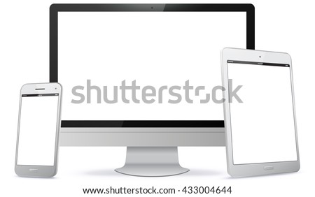 Computer Screen, Tablet PC, Smart Phone Vector illustration.
