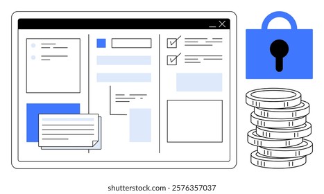 Computer screen with task lists, forms, and windows. Large blue lock and stack of coins on the right. Ideal for productivity, financial planning, security, digital organization, and task management