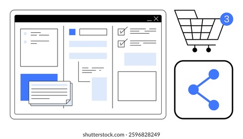 Computer screen with task management interface beside shopping cart with notification and share icon. Ideal for e-commerce, productivity, social media, project management, online shopping, digital