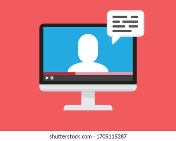 Computer screen with teacher talking, online education class. Video player class streaming illustration. Learn from home concept, broadcasting presentation.