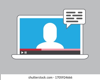 Computer screen with teacher talking, online education class. Video player class streaming illustration. Learn from home concept, broadcasting presentation.