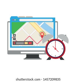 computer screen technology hardware with clock and gps location map cartoon vector illustration graphic design