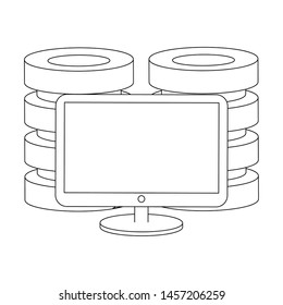 computer screen technology hardware with database towers cartoon vector illustration graphic design