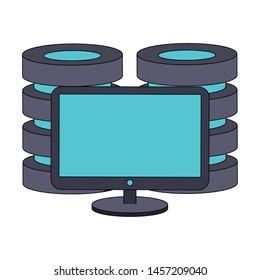 computer screen technology hardware with database towers cartoon vector illustration graphic design