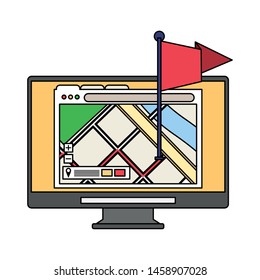 computer screen technology hardware with gps location map cartoon vector illustration graphic design