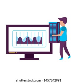 computer screen technology hardware user making maintenance support to server cartoon vector illustration graphic design