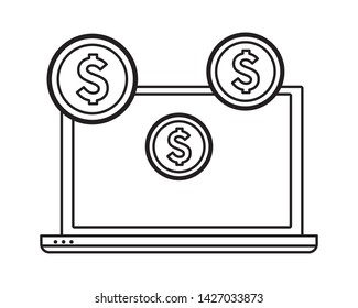 computer screen techonology with money coins icon cartoon in black and white vector illustration graphic design