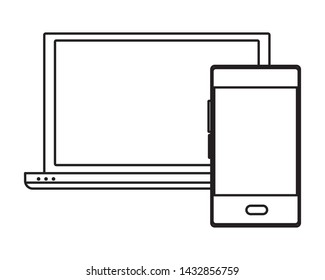 computer screen techonology with smartphone icon cartoon in black and white vector illustration graphic design