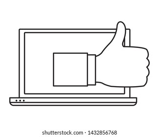 computer screen techonology with thumb up like icon cartoon in black and white vector illustration graphic design
