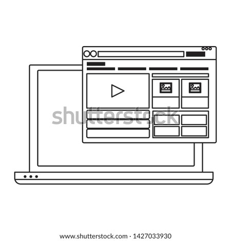 computer screen techonology with web page icon cartoon in black and white vector illustration graphic design