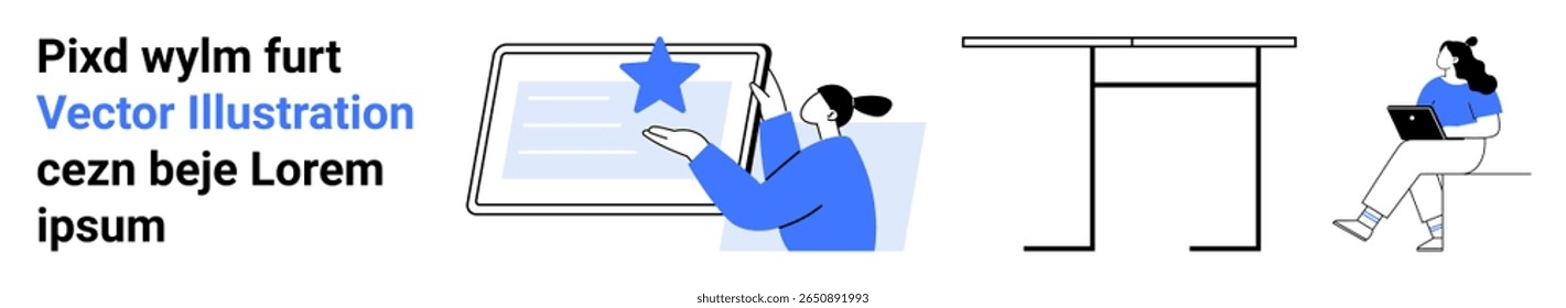 Computer screen with text and star, person interacting with screen, office desk, person lounging with laptop. Ideal for online learning, digital education, workspace, e-learning, study habits, modern
