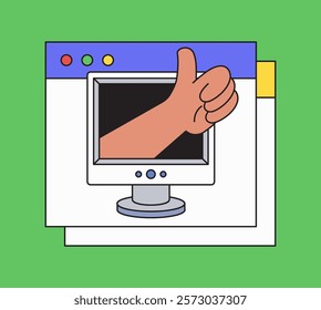 computer screen with thumbs up and okay sign, ideal for expressing positivity and communication cartoon hand drawn illustration