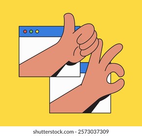 Computer screen with thumbs up and okay sign, ideal for expressing positivity and communication cartoon hand drawn illustration