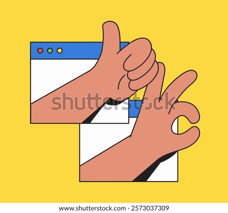 Computer screen with thumbs up and okay sign, ideal for expressing positivity and communication cartoon hand drawn illustration