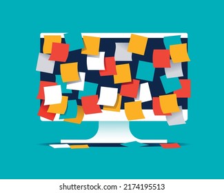 Computer screen totally covered by colored post-it. Vector illustration