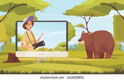 Computer screen with travel video blogger brown bear and forest cartoon vector illustration