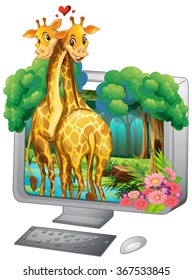 Computer screen with two giraffe hugging illustration