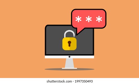 Computer screen with unlocked password notification. Padlock on the screen, 3 digit hidden password in bubble notification. Computer security, cyber security, computer protection concepts.