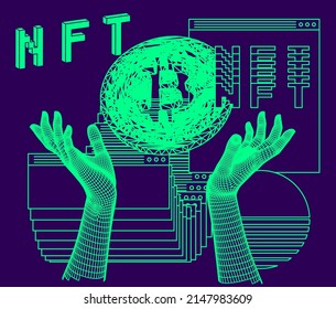 Computer screen with of user interface elements and bitcoin sign. Conceptual illustration of the NFT or Non-fungible token.