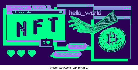 Computer screen with user interface elements and bitcoin coin. Conceptual illustration of the NFT.