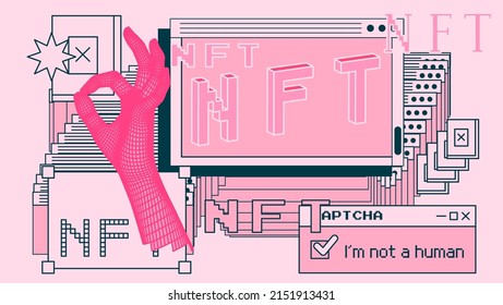 Computer screen with of user interface elements. Conceptual illustration of the NFT or Non-fungible token.