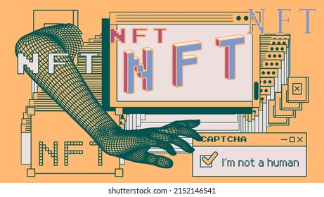 Computer screen with of user interface elements. Conceptual illustration of the NFT or Non-fungible token.