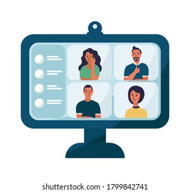 computer screen with video conference of colleagues communication of friends. Four people, two women, two men communicate remotely through the application. Flat cartoon isolated on white background