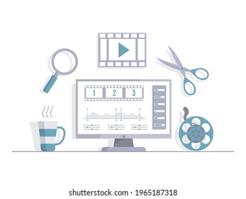 Computer screen with video editor vector flat illustration. Video cutting and editing software. Making content for internet, video, audio blogs, podcasts, or movies. Streaming service concept.