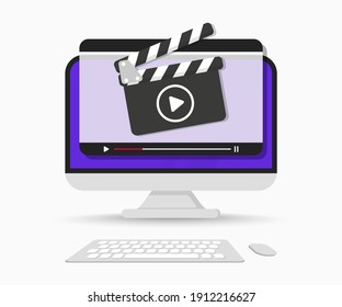 Computer screen with video player interface. Clapperboard with online video player windows. Live stream player. Video tutorial. Online Movie or cinema. Online video, education, web courses