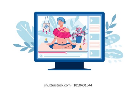 Computer screen with video sport training tutorial, flat cartoon vector illustration isolated on white background. Video blogger leading live broadcast.