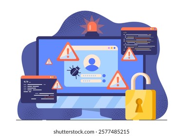 Computer screen with warning signs, bug icons, and coding elements on a modern background, representing a cybersecurity breach concept. Vector illustration