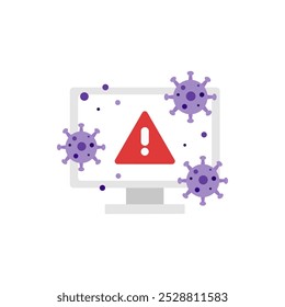 Computer screen with warning virus alert icon. Technology, website error, internet problem, malware, hacking, scam, fraud concepts. Flat vector design isolated illustration.