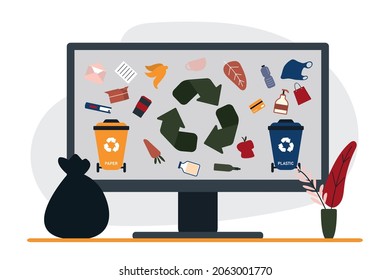 Computer screen with waste recycle sign. Humanity appealing for intelligent waste separation and recycling. Protection and saving of ecology. Refuse collection and segregation. Vector illustration