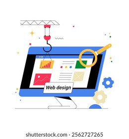 Computer Screen With Web Design Elements In Flat Vector Illustration Symbolizing Website Creation, Development, And Optimization, Isolated On White Background.