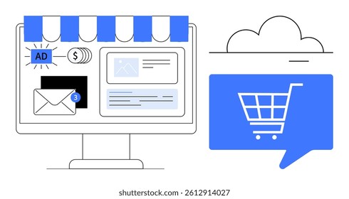 Computer screen with web interface showing ads, email notifications, and online shopping features. Ideal for e-commerce, online marketing, digital advertising, email campaigns, customer
