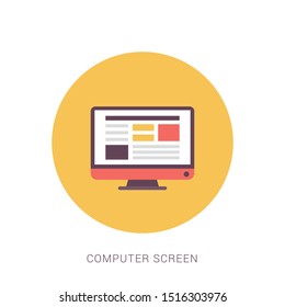 Computer screen with web page flat icon. Yellow theme concept