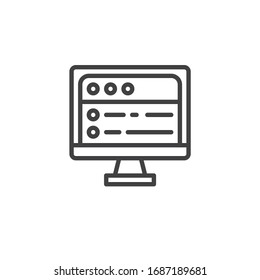 Computer screen with web page line icon. SEO linear style sign for mobile concept and web design. Web development outline vector icon. Symbol, logo illustration. Vector graphics