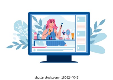 Computer screen with young beautiful girl videoobloger or vlogger recording video about makeup and beauty products, flat vector illustration isolated on white background.