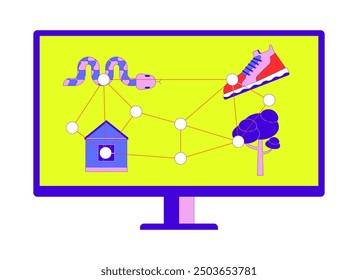 Computer screen-based eye tracking cartoon flat illustration. Visual response to stimuli displayed on monitor 2D object isolated on white background. Eyetracking task scene vector color image