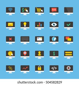 Computer screens, desktop computer icons set. Business, banking, internet technology, shopping, ecommerce concepts signs and symbols collection. Flat design vector icons isolated on blue background